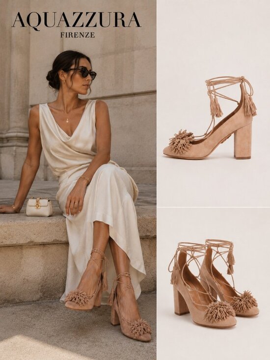 Aquazzura Shoes - Aquazzura Wild Thing Fringe Suede Lace Up Block Heel Pumps Beige EU 36.5 US 6
